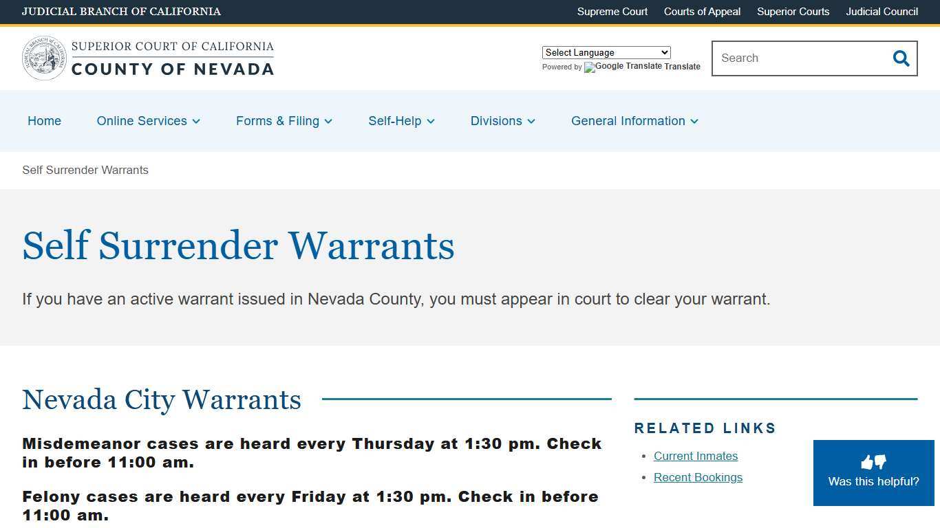 Self Surrender Warrants | Superior Court of California | County of Nevada